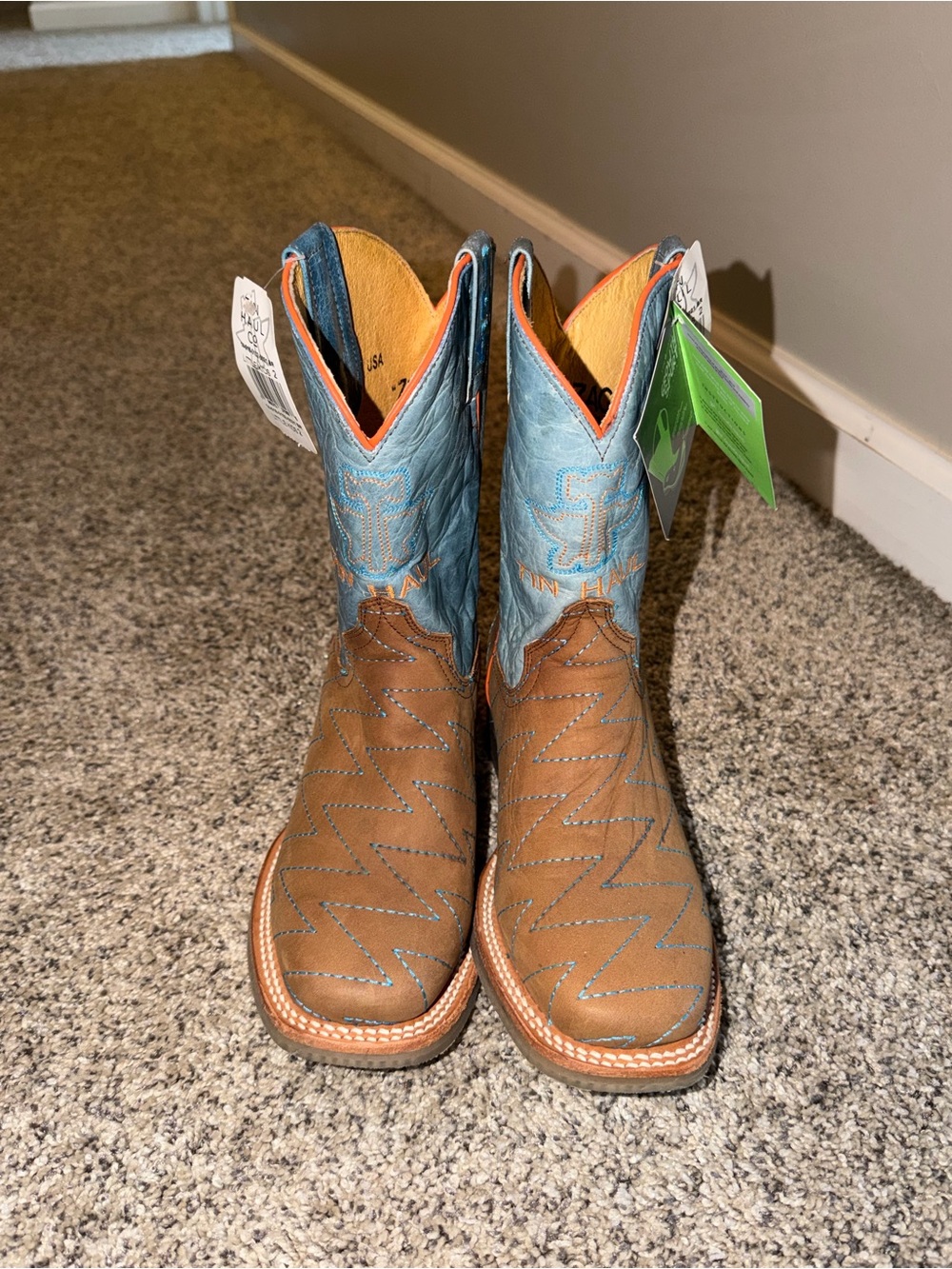 Tin Haul Kids Brown Foot with Blue Shaft Cowboy Boots